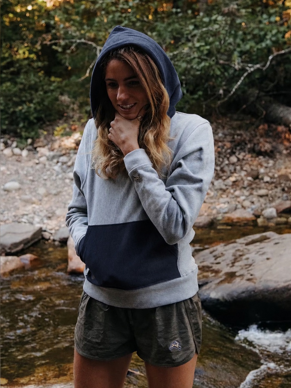 Tracksmith Trackhouse Midweight Hoodie in Heather Gray and Navy